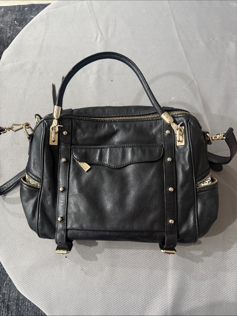 Rebecca Minkoff Black Leather Satchel with Gold Hardware and Studs - Picture 2 of 8